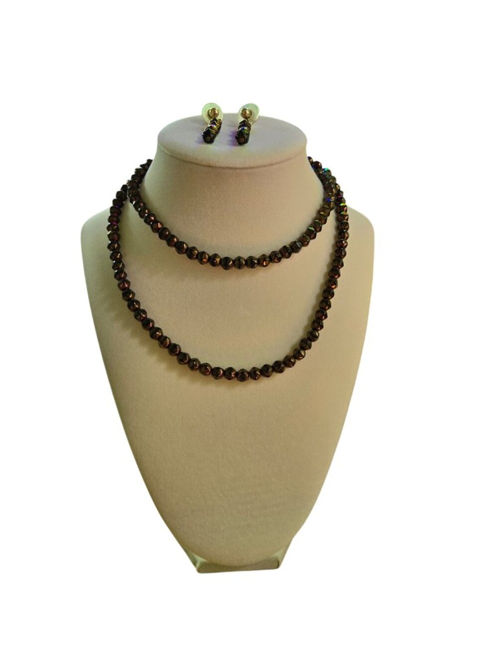 Vintage Bronze Beaded 28" Necklace 4" Earring Set Neutral Versitile Stunning